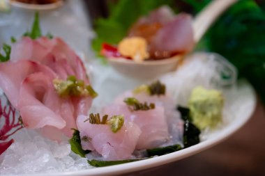 Birinci sınıf Japon saşimi mi yoksa buzlu çiğ balık mı? Japon yemeği. Balık sashimi promosyon paketinde