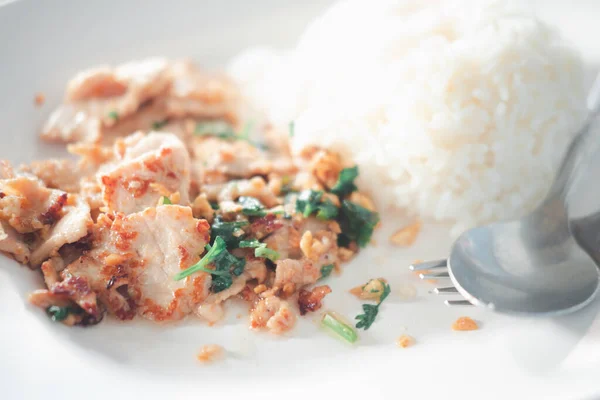 Daging Babi Goreng Dengan Bawang Putih Renyah Dengan Nasi Piring — Stok Foto