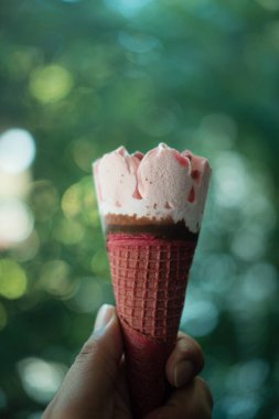 Dondurmalı çilekli gofret, arka planda doğa bulanıklığına karşı. Kapat.