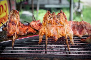 Bambuyla kaplanmış sıcak tavuklar, Tayland yerel yemekleri ve Tayland geleneksel yemekleri.