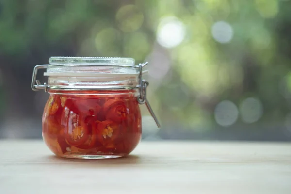 Red Pickled Chili Vinegar Glass Bottle Thai Style Condiments — Stock Photo, Image