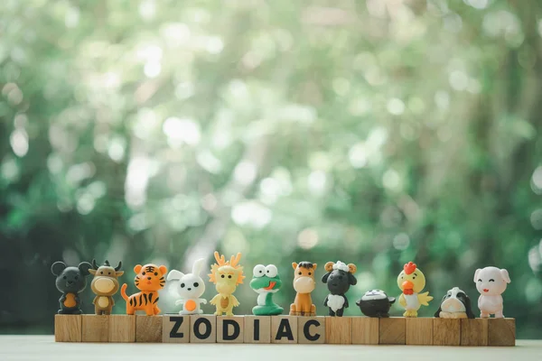 Brinquedos Borracha Animal Zodíaco Chinês Colocar Palavra Madeira Zodiac Com — Fotografia de Stock