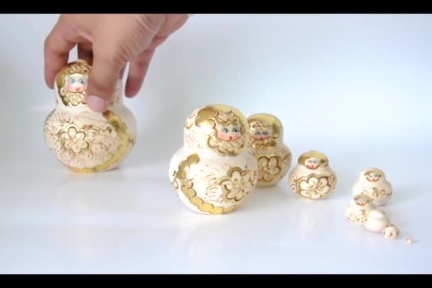 Russian Wood Dolls Matryoshka Arranged Row Hand — Stock Video