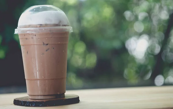 Caffè Freddo Moka Tazza Asporto Piattino Legno — Foto Stock