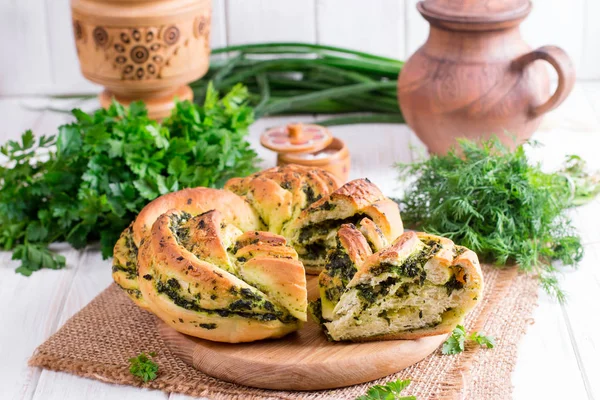 Yeast Bun Garlic Herbs Table — Stock Photo, Image