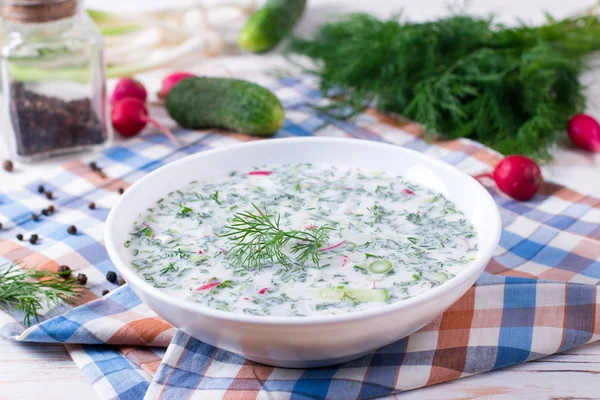 Окушка. Летний легкий холодный йогуртовый суп с огурцом, редиской, яйцами и укропом на столе . — стоковое фото