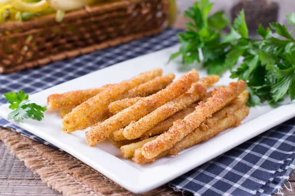 Crispy Baked Green Beans Plate Wooden Table — Stock Photo, Image