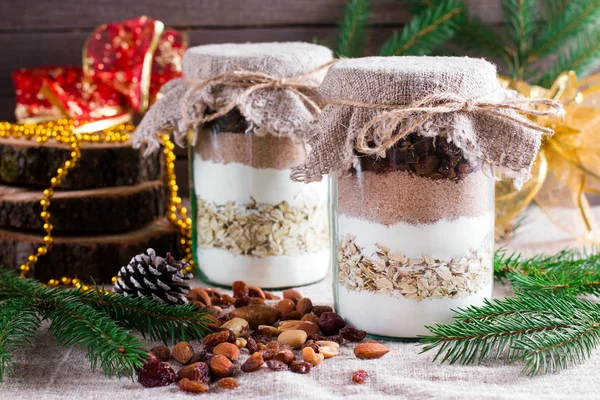 Domácí Čokoládová Placička Cookie Mix Sklenic Pro Vánoční Dárek Selektivní — Stock fotografie