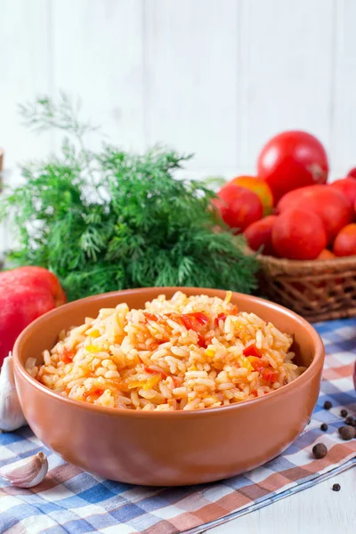 Rice Tomatoes Sweet Pepper Wooden Background — Stock Photo, Image