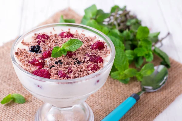 Greek yogurt with fresh raspberries and mint. toning. selective focus