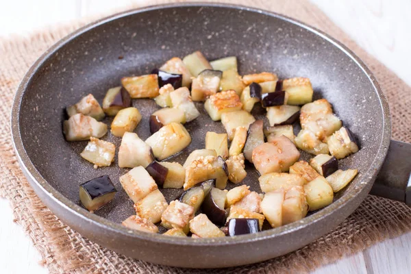 Eggplant Cubes Frying Pan Fried Eggplant Pan — Stock Photo, Image