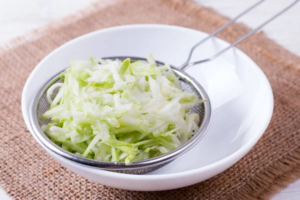 Bowl Grated Zucchini White Wooden Background — Stock Photo, Image