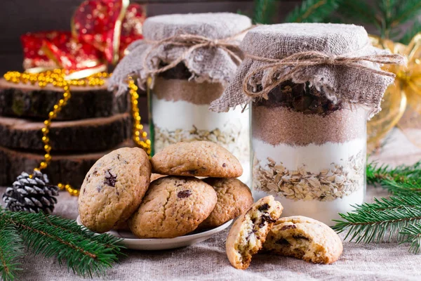 Chocolate chips cookie mix in glass jar — Stock Photo, Image