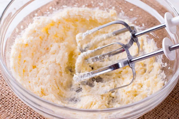 Homemade Baking Grunge Auto Hand Mixer Ingredients Sugar Butter — Stock Photo, Image