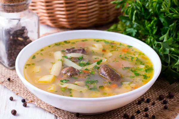 Chicken Liver Noodle Soup White Wooden Table — Stock Photo, Image