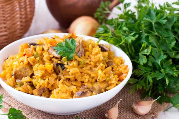 Mushroom Risotto Parsley White Wooden Table — Stock Photo, Image