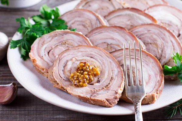 Baked Roll Turkey Thigh Grain Mustard New Year Appetizer — Stock Photo, Image