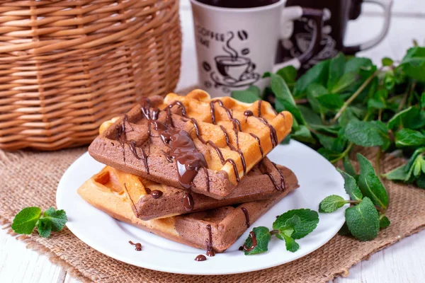 Chocolate Vanilla Belgian waffles with chocolate sauce — Stock Photo, Image