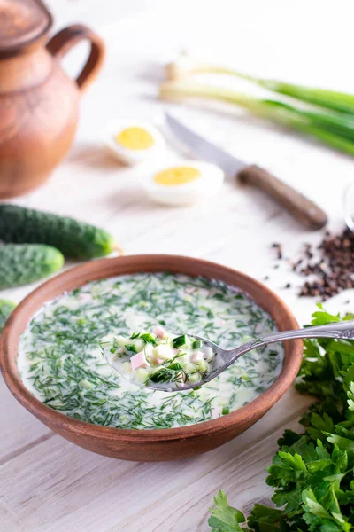 Summer Cold Yogurt Soup Okroshka White Wooden Table Russian Cucumber — Stock Photo, Image