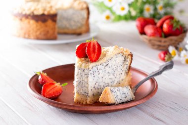 Beyaz ahşap arka planda seramik tabakta ev yapımı haşhaşlı peynirli kek.