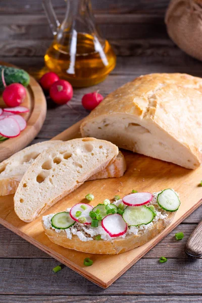 Homemade Ciabatta Curd Cheese Fresh Radish Cucumber Wooden Cutting Board — Stock Photo, Image