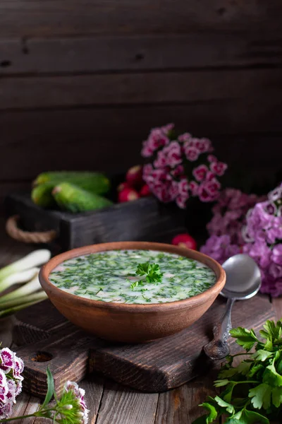 Summer Cold Soup Okroshka White Wooden Table Russian Radish Cucumber — Stock Photo, Image