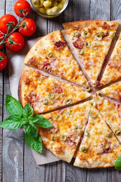 Pizza Olives Tomatoes Ham Still Life Assorted Pizza — Stock Photo, Image