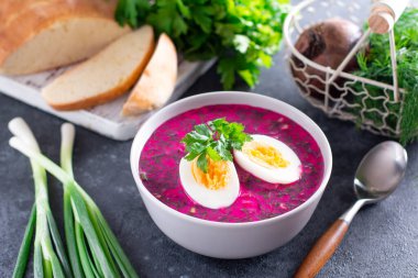 Soğuk pancar çorbası yoğurt, yumurta, soğan ve salatalık ile koyu beton arka planda.