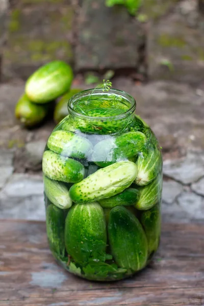 Delicious pickled cucumbers in a jar, fresh harvest, spices, herbs. Preparation of cucumbers for pickles.