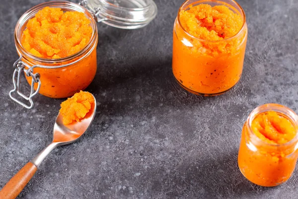 Pumpkin Jam Orange Juice Glass Jar Dark Concrete Background Vegetable — Stock Photo, Image