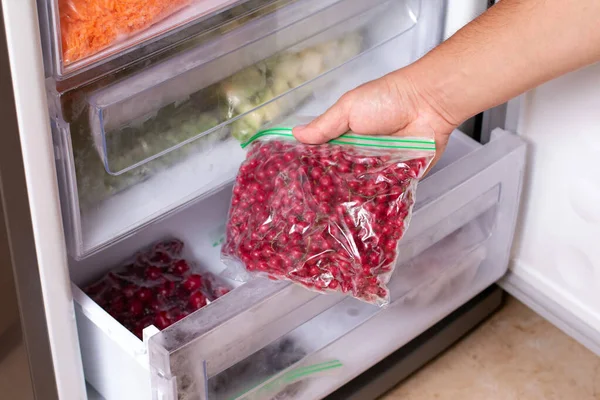 Man Taking Plastic Bag Red Currant Refrigerator Closeup — Stock Photo, Image