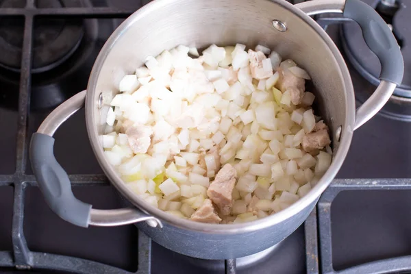 鍋に肉と玉ねぎ 煮込みジャガイモを肉で調理する — ストック写真
