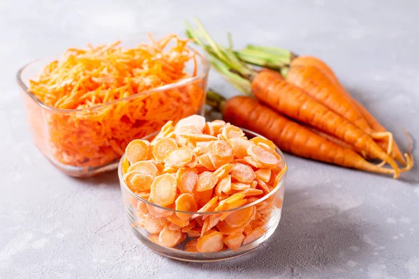 Frozen Carrots Different Ways Glass Container Light Background Frozen Vegetables — Stock Photo, Image