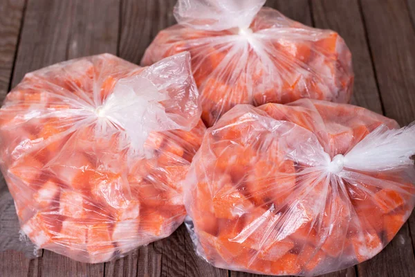 Abóbora Congelada Sacos Plásticos Uma Mesa Alimentos Congelados Congelador — Fotografia de Stock