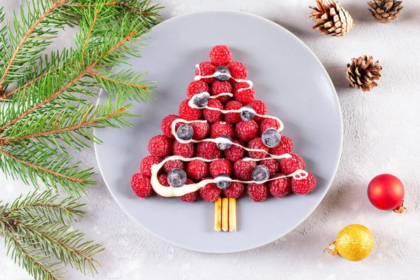 Christmas Food Concept Raspberry Berry Christmas Tree Top View Funny — Stock Photo, Image