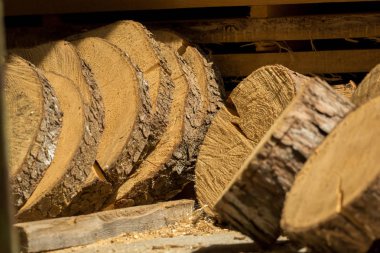 Dilimlenmiş ahşap dilimler işlenmeyi bekliyor.