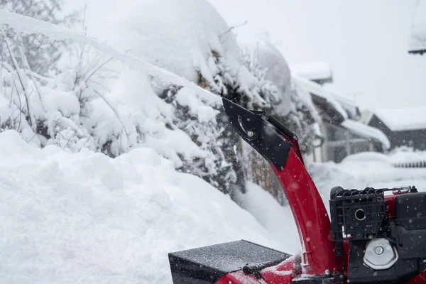 Someone Uses Snowthrower Outdoors Winter While Snowing — Stock Photo, Image