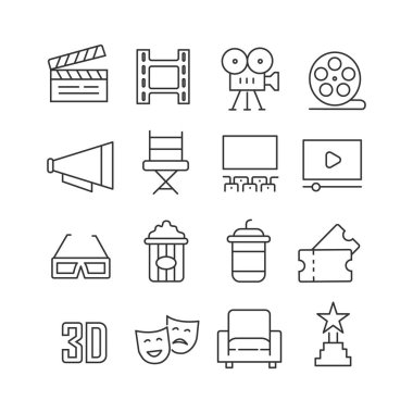 Sinema çizgisi simgeleri ayarlandı. Vektör çizimi. İzole. Düzenlenebilir vuruş