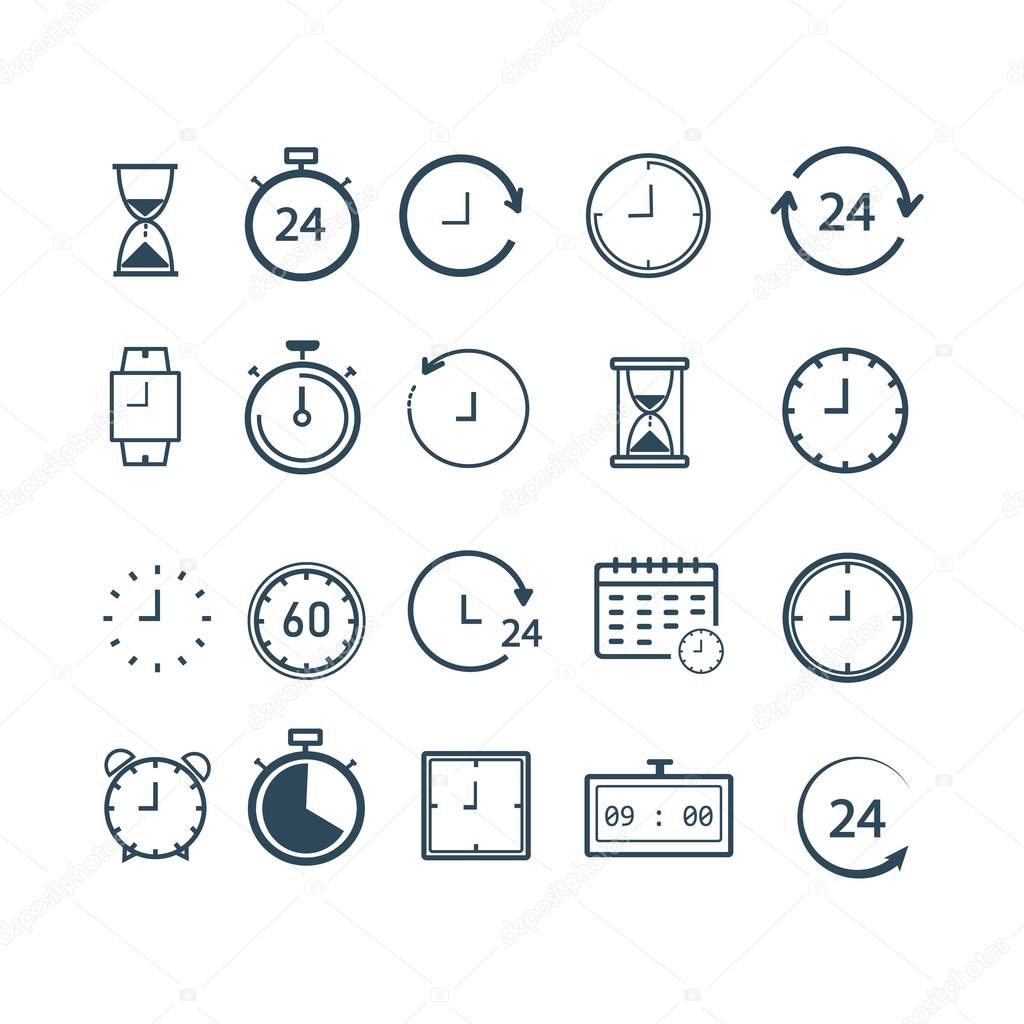 Clock Icon set Isolated. Time Logo. Trendy Watch, Timepiece or Timer Symbol. Vector