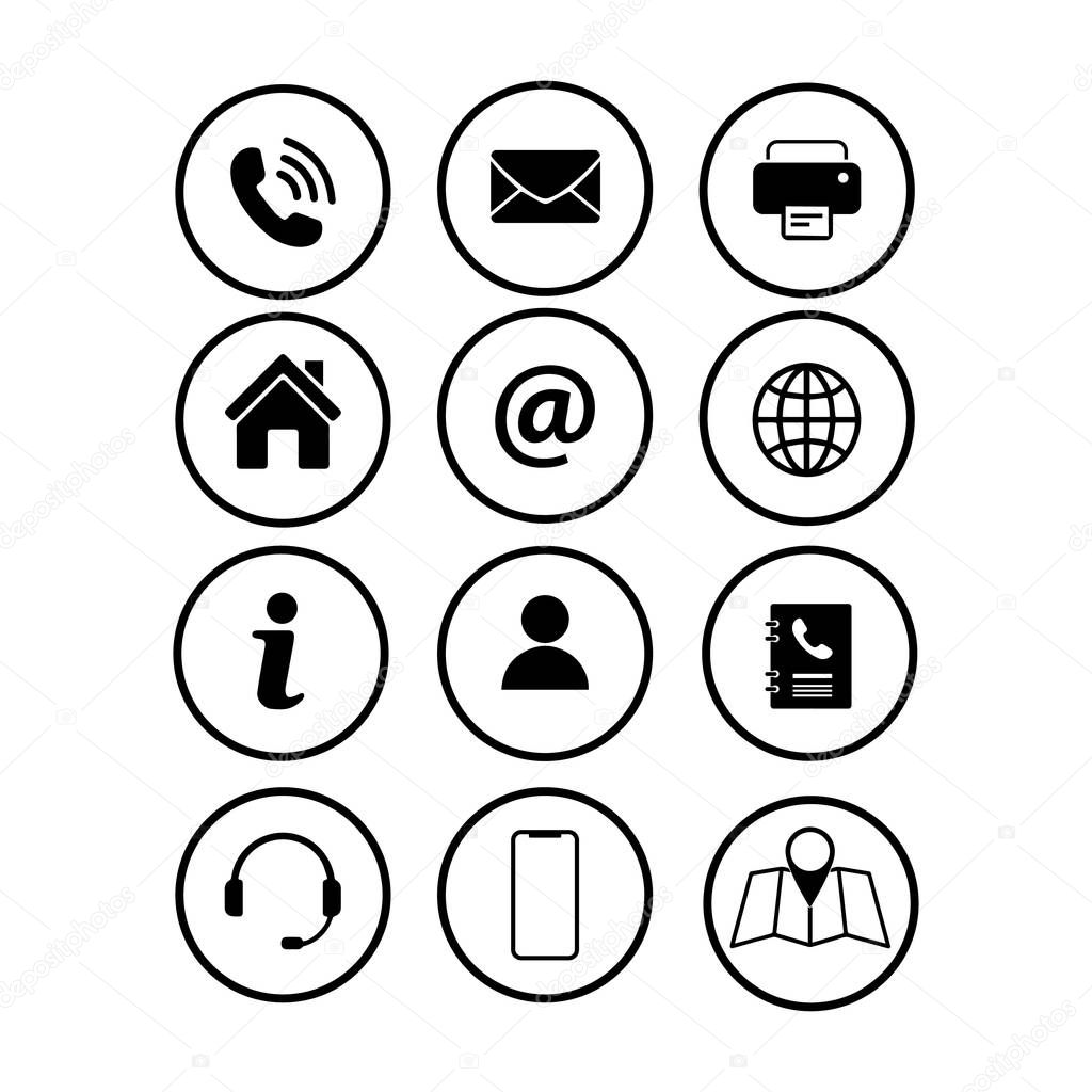 Set of contact icons in circles. isolated on white backdrop. Vector illustration.