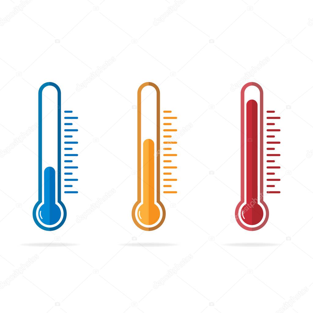 Thermometer symbol in different colors and levels. Temperature icon set in flat style. Isolated vector illustration.