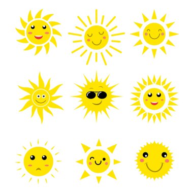 Çizgi film stili güneş emojisi. Yaz konsepti komik güneş yüz ifadeleri. izole vektör illüstrasyonu.