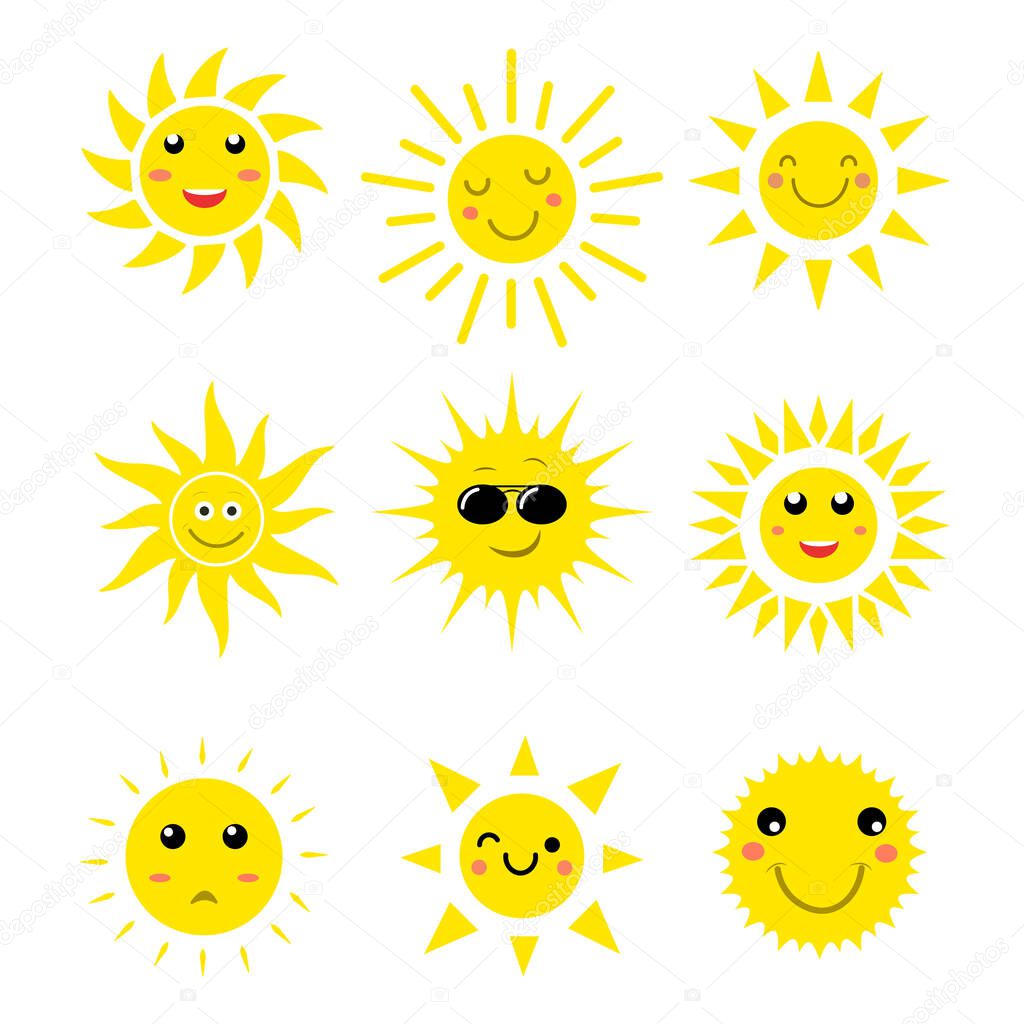 Cartoon style sun emoji. Summer concept funny sun facial expressions. isolated vector illustration.