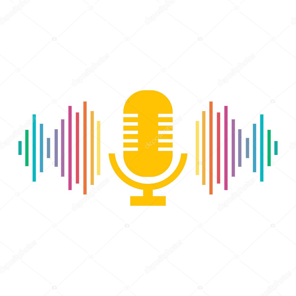 Microphone and sound wave. Podcast symbol. Intelligent assistant. Isolated vector logo illustration.