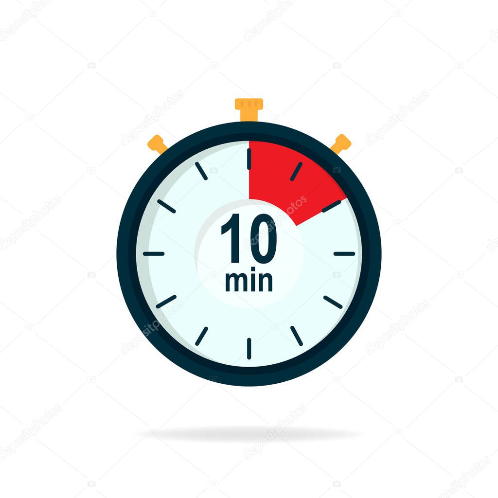 10 minutes timer. Stopwatch symbol in flat style. Isolated vector illustration.