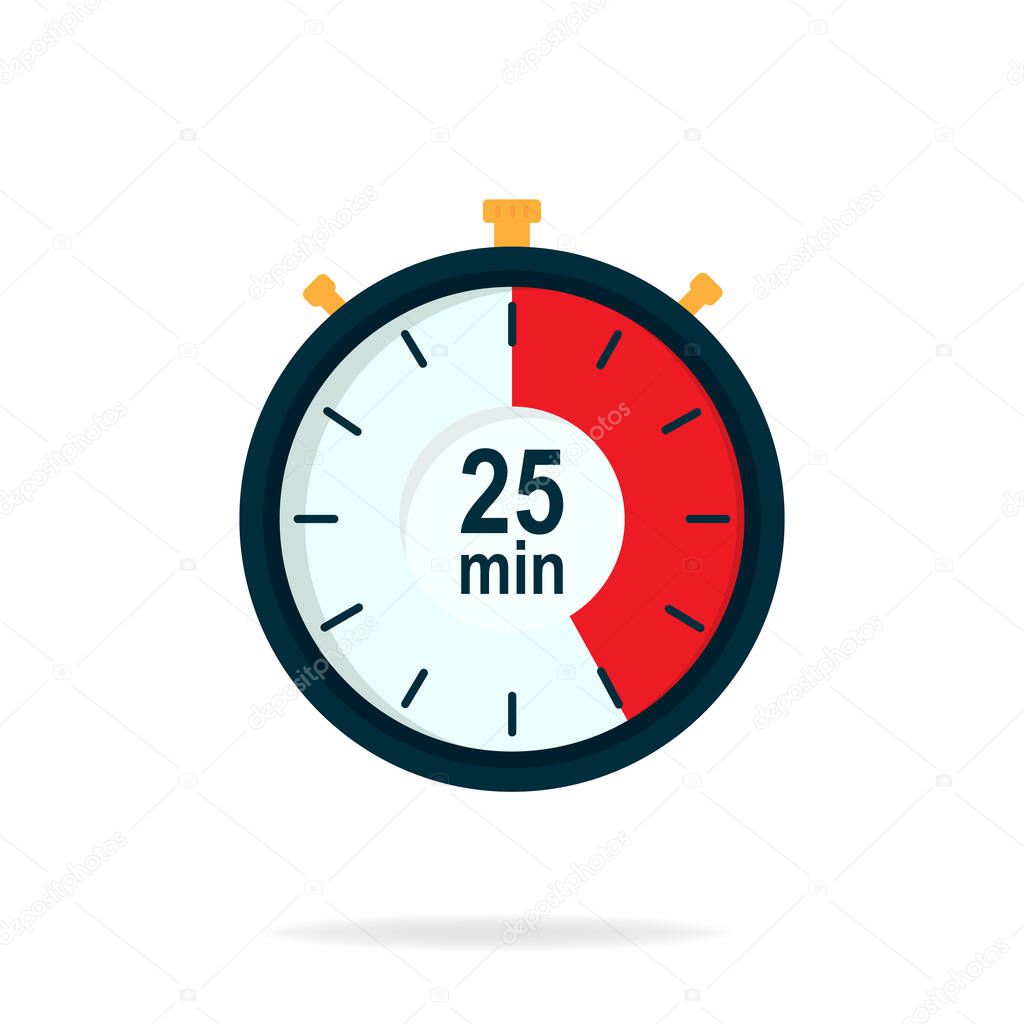 25 minutes timer. Stopwatch symbol in flat style. Editable isolated vector illustration.