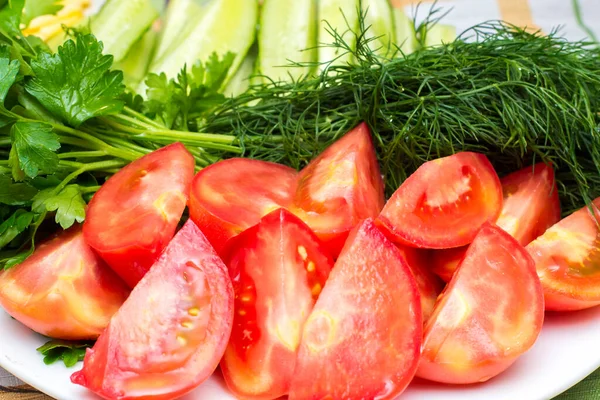 Chopped Tomatoes Cucumbers Greens Plate Close — Stock Photo, Image