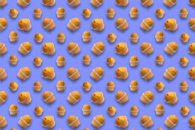 Mavi arka planda keklerden yapılmış pankart. Yaratıcılık için kalıp, kumaş üzerine baskı.