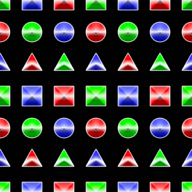 Siyah arka planda çok renkli geometrik şekillerin kusursuz deseni. Yazdırma deseni.