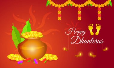 Mutlu Dhanteras festivali altın paralar ve dekoratif elementlerle dolu. Vektör illüstrasyonu.